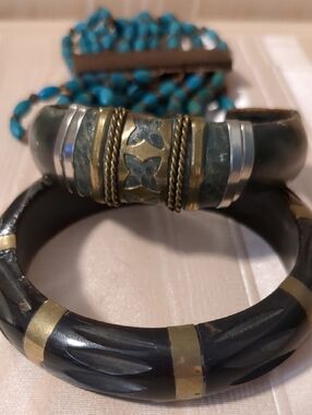 Vintage Wood Beaded Leather Bracelets Lot 3 Boho Nature